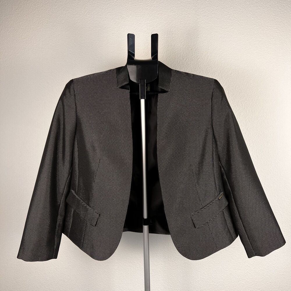 Anne Klein Black White Dot Cells Blazer Jacket Open Front 3/4 Sleeve S Old Money